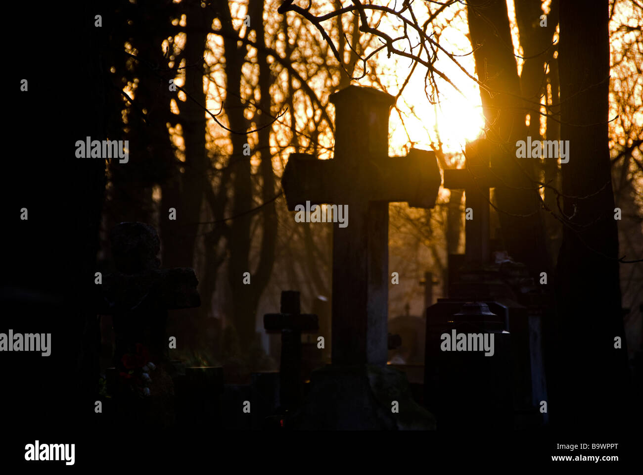 Le croci del cimitero di Powazki al tramonto. Il giorno di tutti i santi, Varsavia, Polonia, l'Europa. Foto Stock