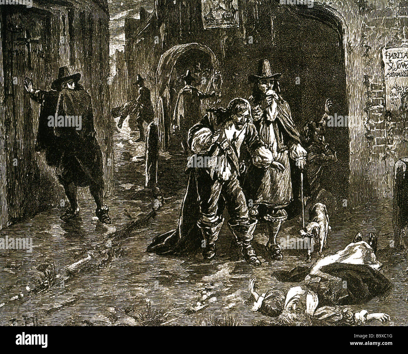 La grande peste DI LONDRA 1665 un carrello porta off victms mentre un altro viene scoperto che giace morto Foto Stock