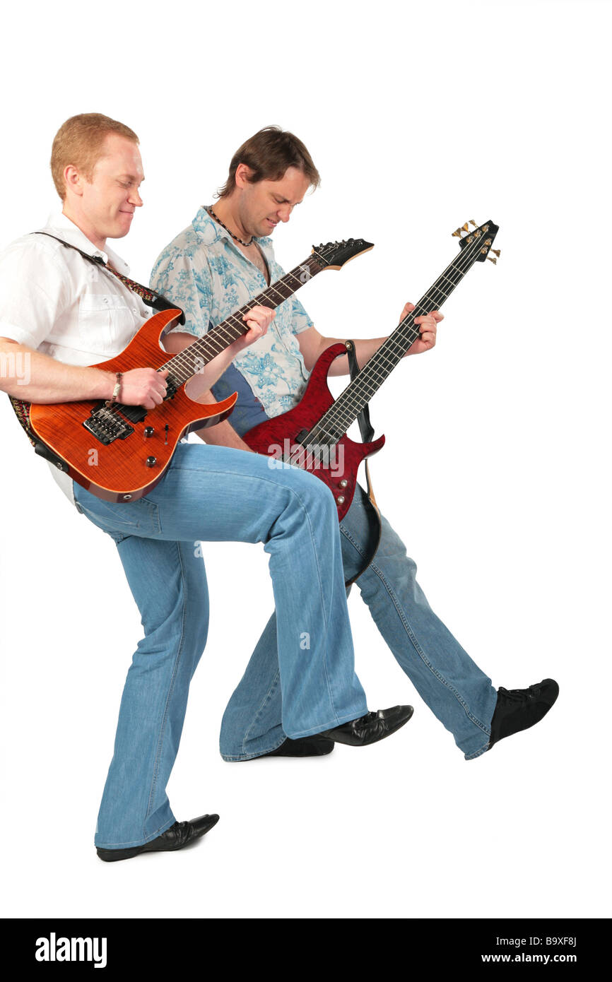 Due chitarristi con la gamba in alto Foto Stock