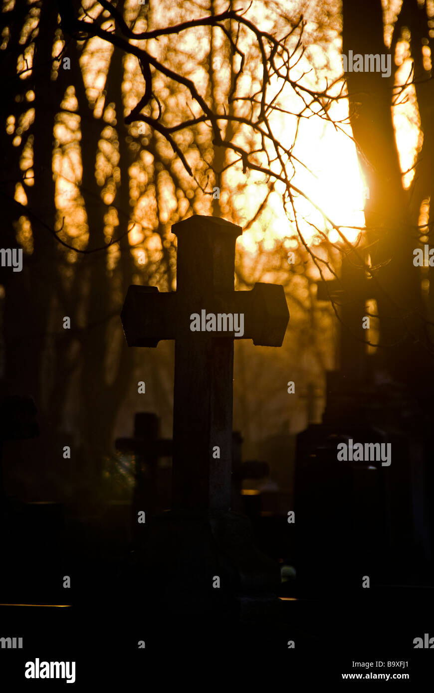Le croci del cimitero di Powazki al tramonto. Il giorno di tutti i santi, Varsavia, Polonia, l'Europa. Foto Stock