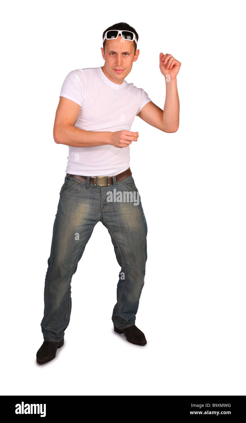 Uomo in bianco t-shirt danze Foto Stock
