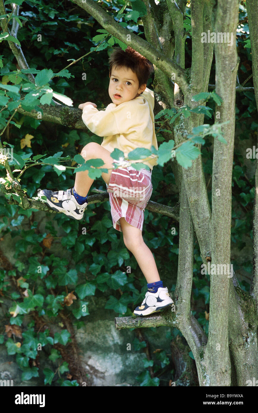 Ragazzo rampicante, guardando sopra la spalla in telecamera Foto Stock