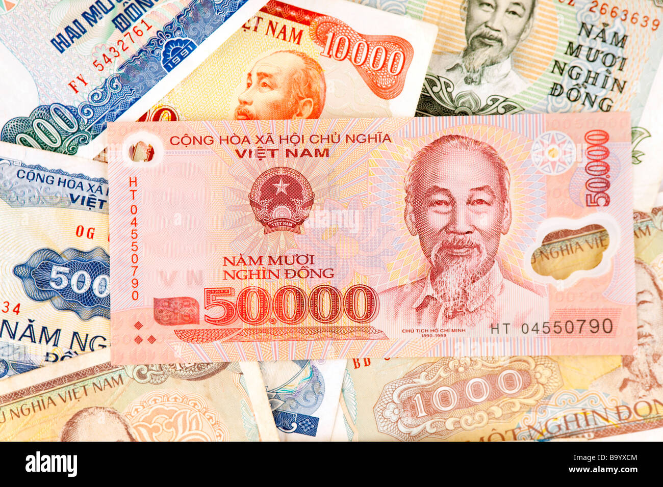 Il denaro in valuta del Vietnam dettaglio di nuovo il vietnamita 50 000 dong banconota Foto Stock