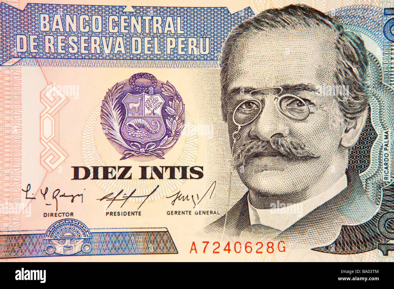Il denaro in valuta Perù dettaglio del 10 peruviana Inti banconota Foto Stock