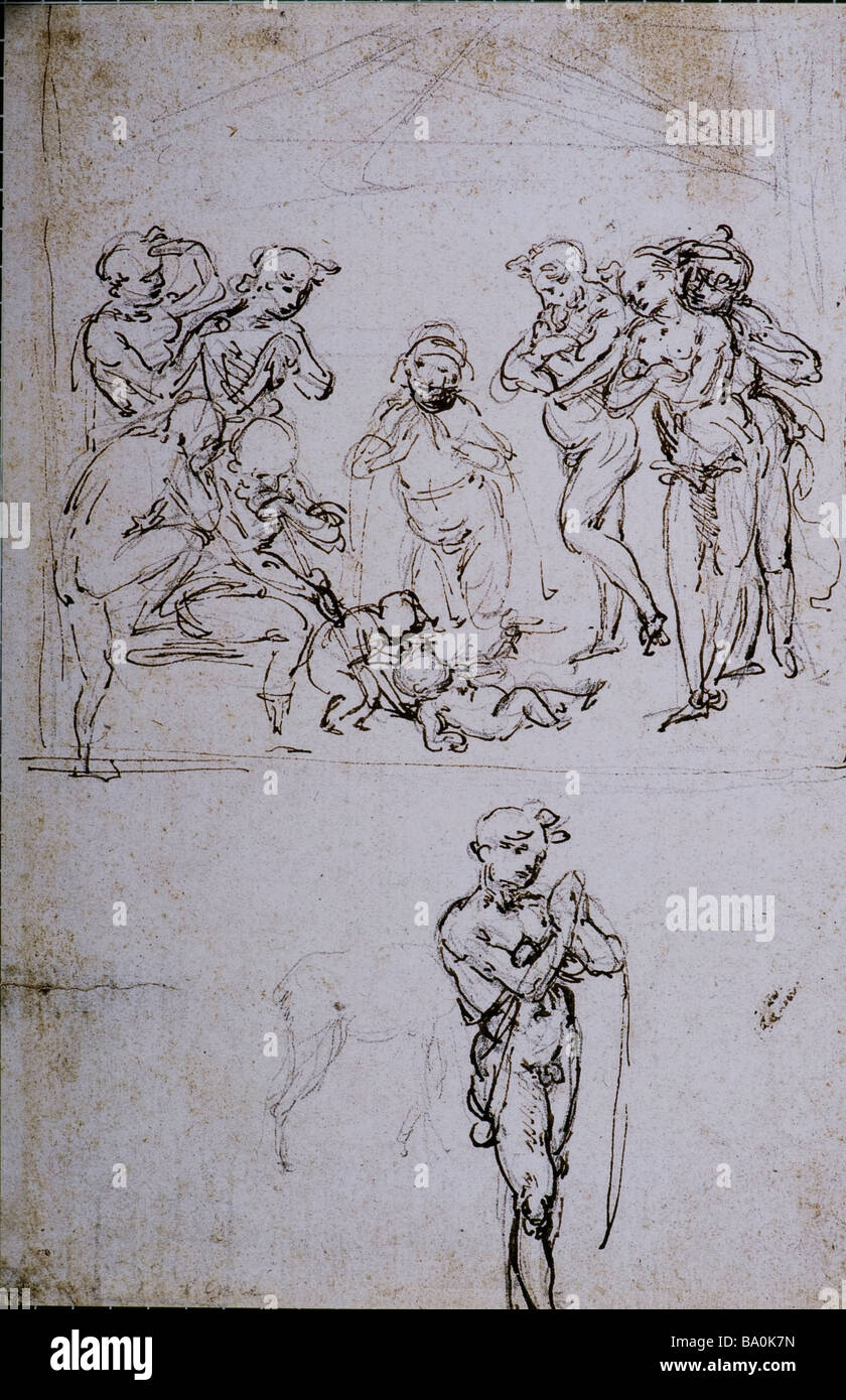 Studi figurale per l adorazione dei Magi Giuseppe di Leonardo da Vinci 1481 penna e inchiostro al di sopra del punto metallico Foto Stock