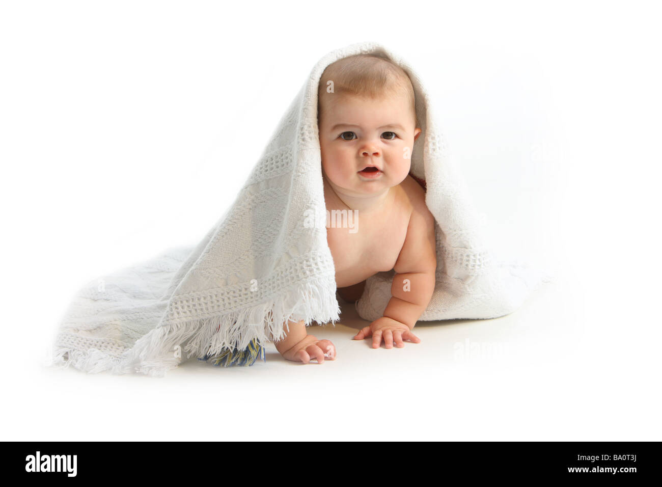 Baby sotto coperta su sfondo bianco Foto Stock