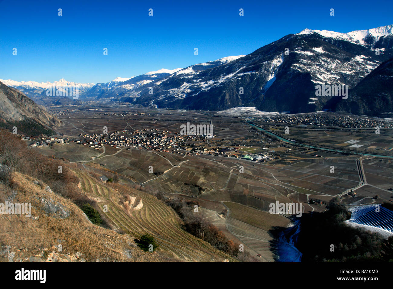 La Valle del Rodano sopra Saillon, Vallese, Svizzera Foto Stock