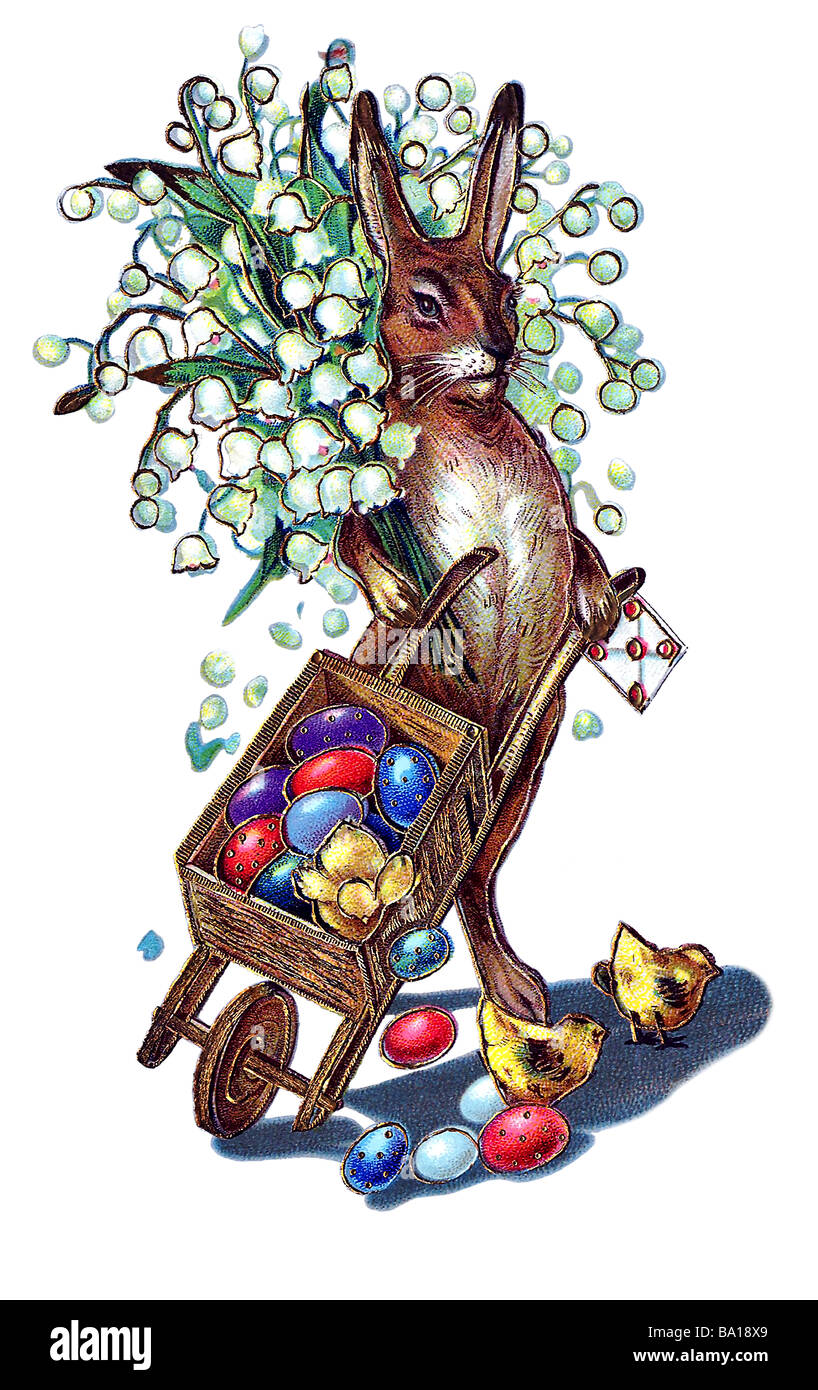 Nostalgico il coniglietto di pasqua con eastereggs e mughetti, pulcini Foto Stock