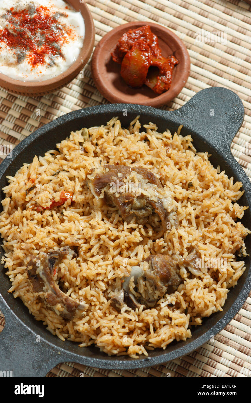 Carni di montone Gosht Biryani è un riso indiano basato piatto fatto con spezie riso e carne Foto Stock