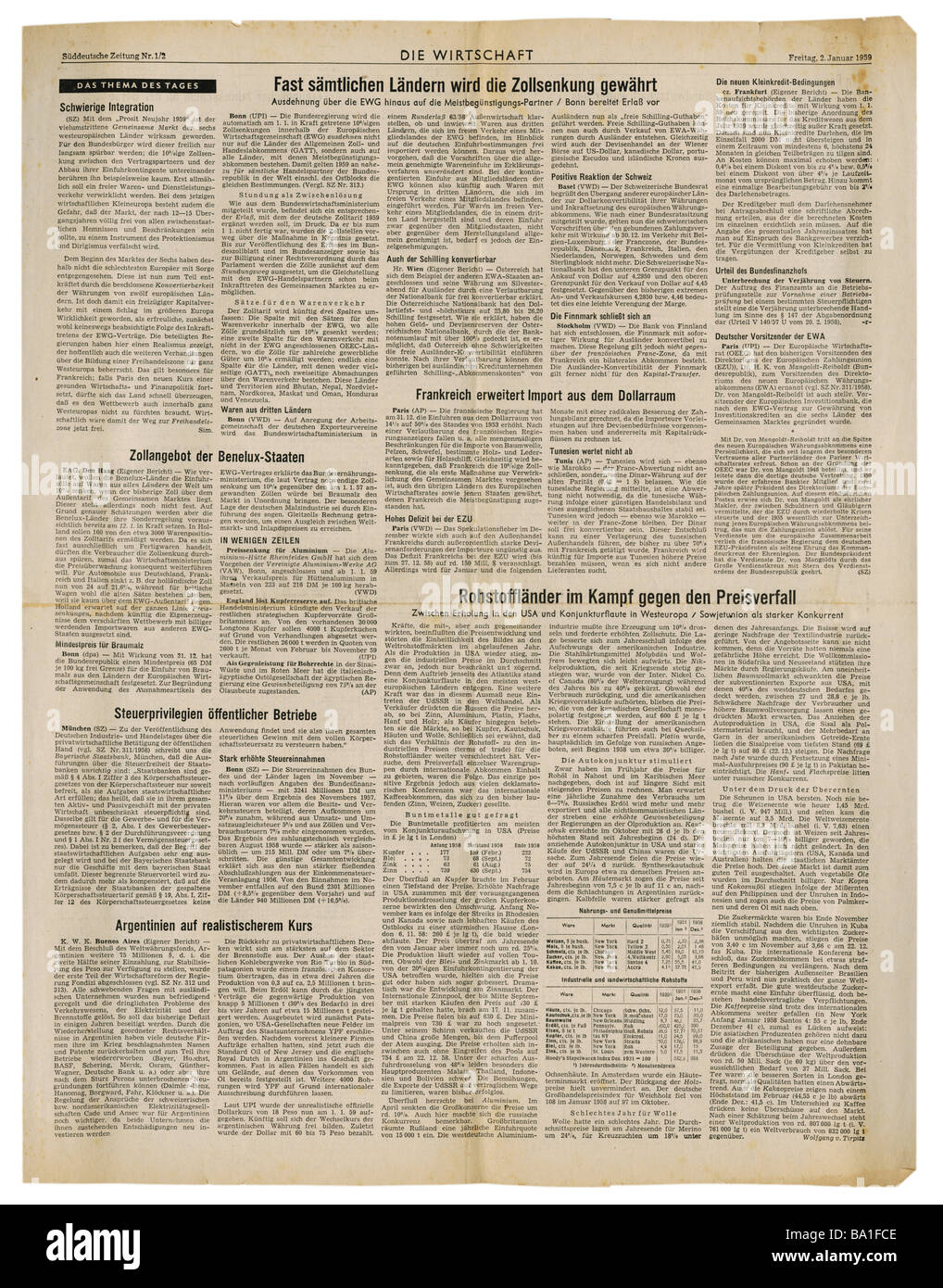 Stampa/media, riviste, 'üddeutsche Zeitung', Monaco di Baviera, 15 volume, numero 1 / 2, Venerdì 2.1.1959, articolo, Germania che concede la diminuzione delle dogane per quasi tutti i paesi, Foto Stock