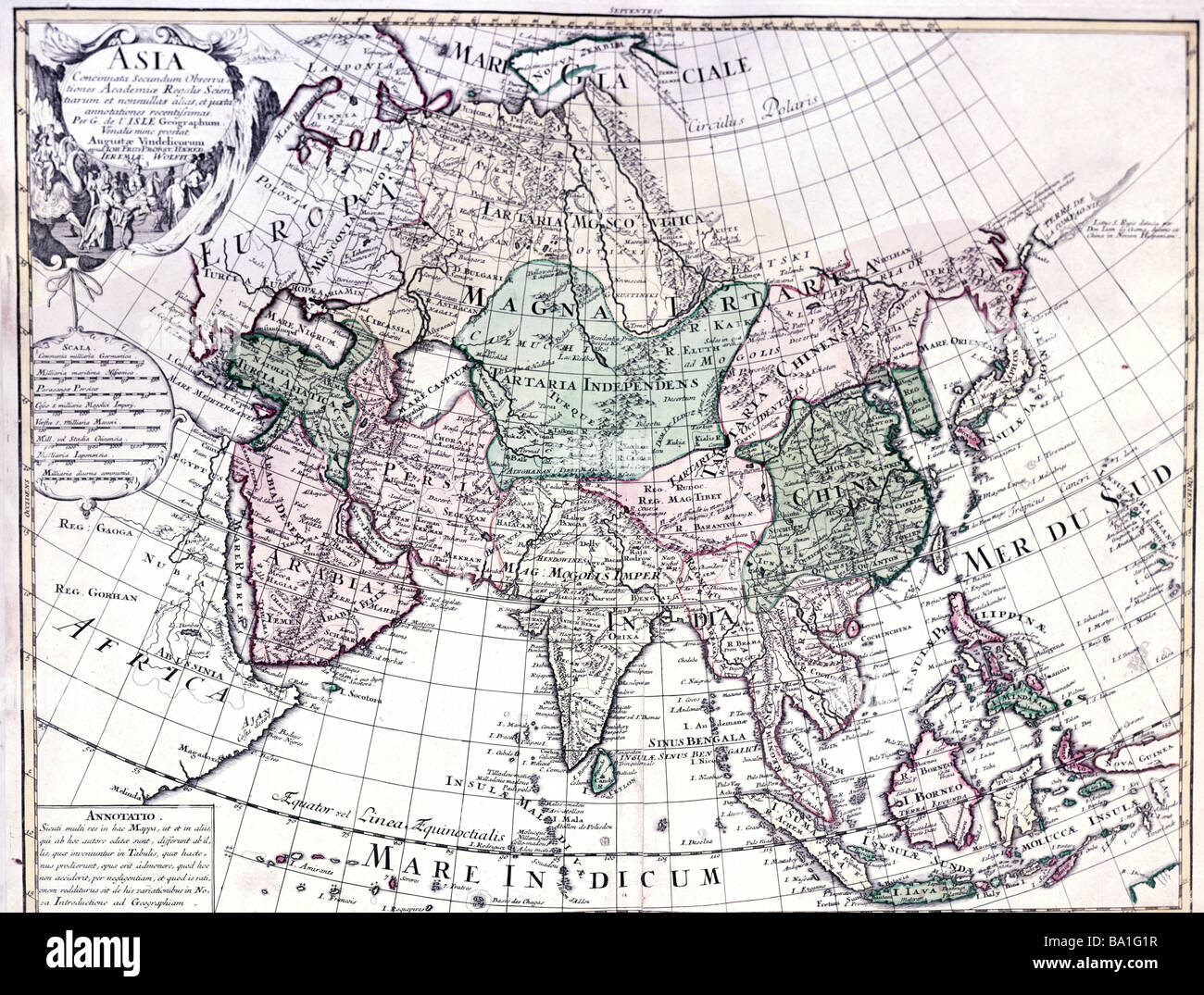 Cartografia, mappe, Asia, mappa da Guillaume de l'Isle (1675 - 1726), incisione su rame, colorato da Jeremias Wolff, Augsburg, Germania, circa 1710, artista del diritto d'autore non deve essere cancellata Foto Stock