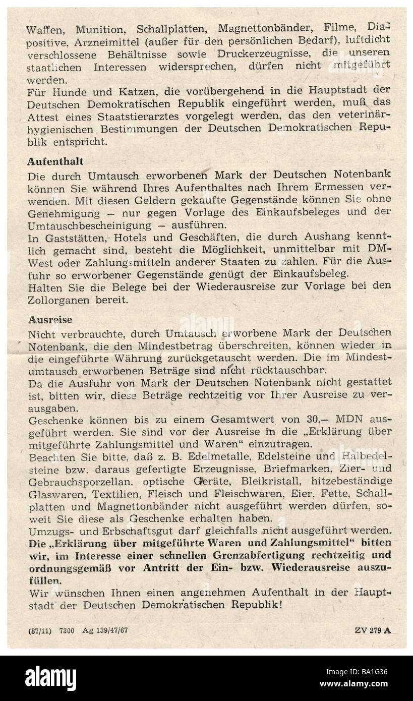 Geografia / viaggio, Germania, Germania dell'Est, DOKuments, condizioni per l'ingresso nella Repubblica democratica tedesca dall'1.7.1967, Foto Stock