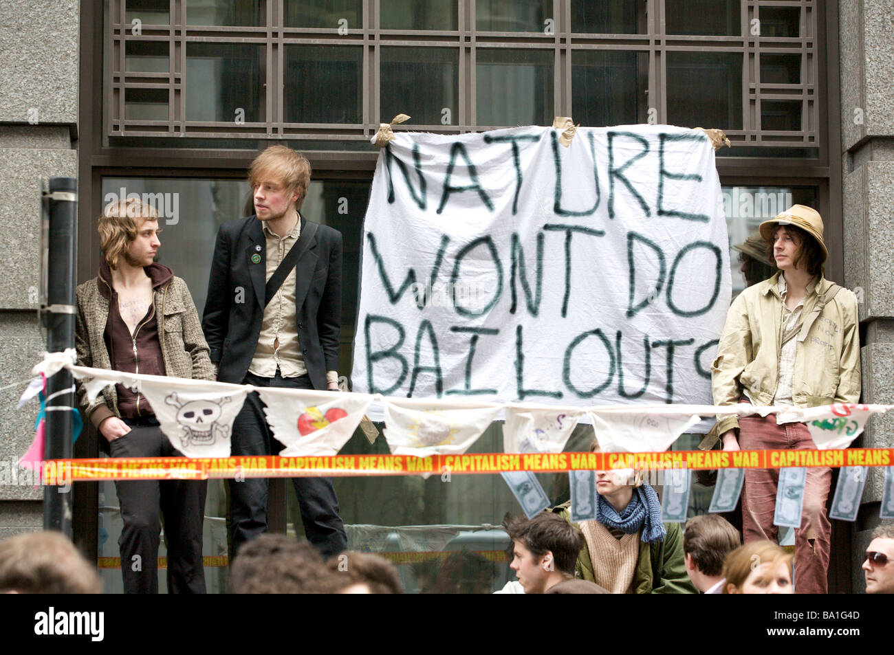 La natura non farà Bailouts banner in G20 protesta, Londra Foto Stock