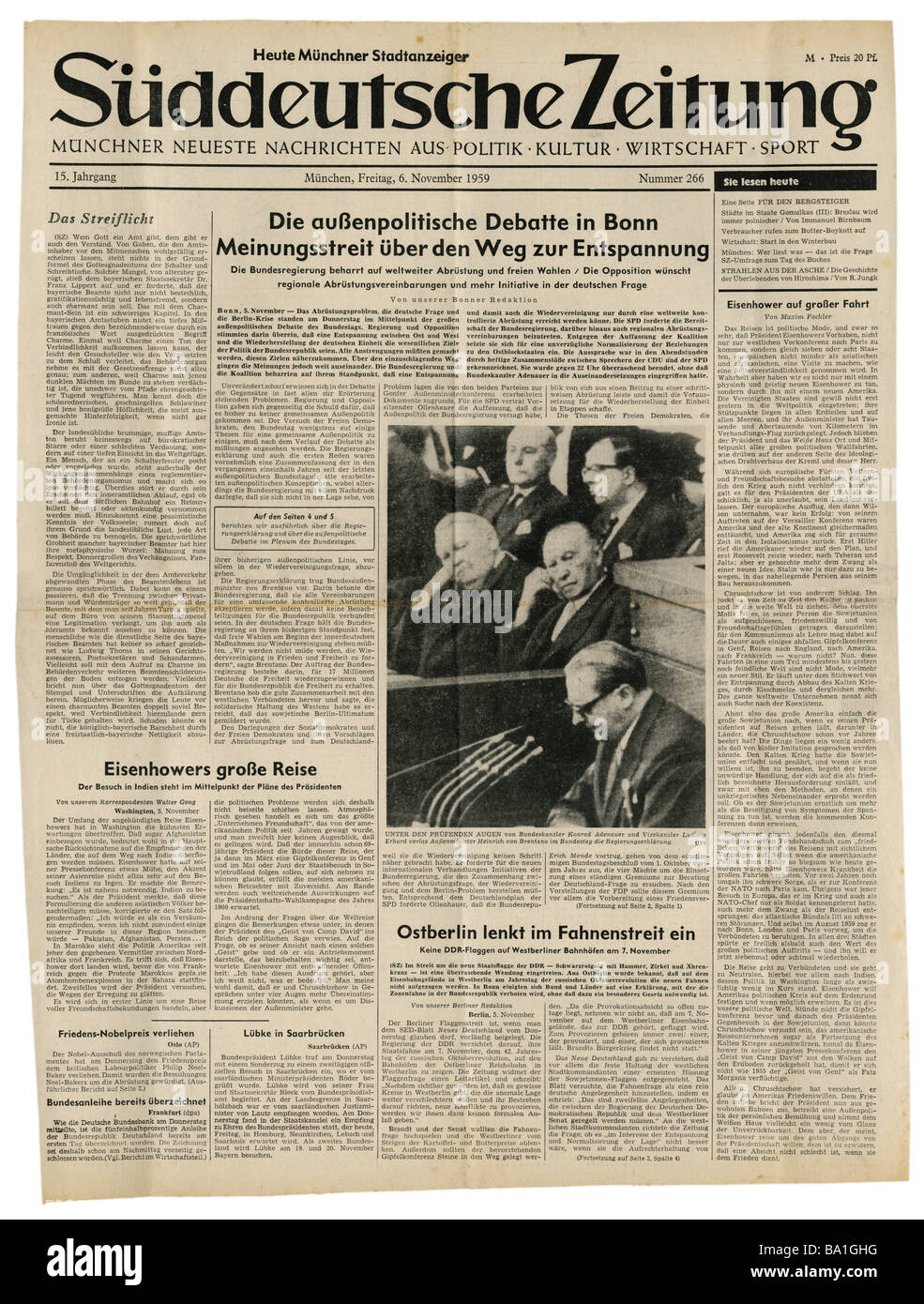 Stampa/media, riviste, 'üddeutsche Zeitung', Monaco di Baviera, volume 15, numero 266, venerdì 6.11.1959, titolo, dibattito a Bundestag sulla politica estera, Foto Stock