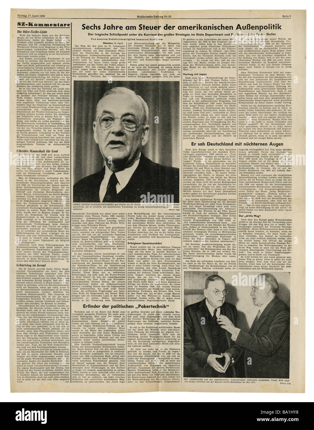 Stampa/media, riviste, 'üddeutsche Zeitung', Monaco di Baviera, volume 15, numero 92, Venerdì 17.4.1959, articolo, dimissioni di John Foster Dulles dopo sei anni di mandato, Foto Stock