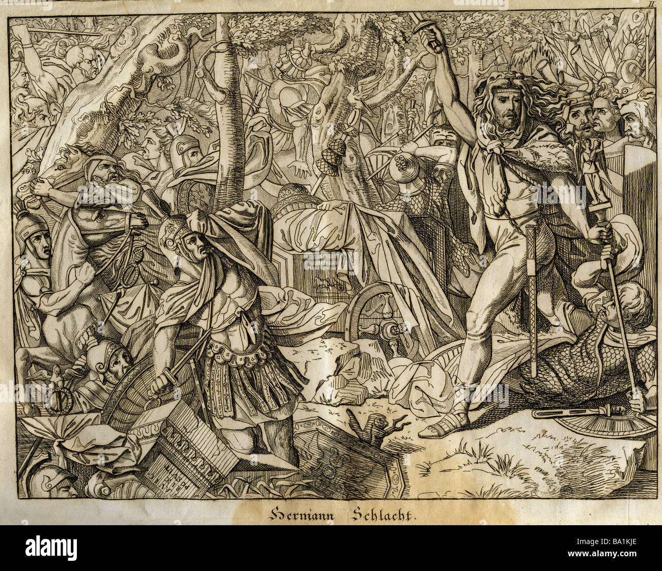Eventi, guerre germaniche, Battaglia della foresta di Teutoburgo, 9 ANNUNCIO, 'Hermannsschlacht', incisione su rame di Joseph Fuchs, 'Vorzeit und Gegenwart', Augsburg, 1832, , artista del diritto d'autore non deve essere cancellata Foto Stock