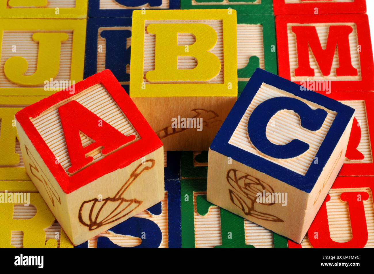 ABC alfabeto in legno blocchi Foto Stock