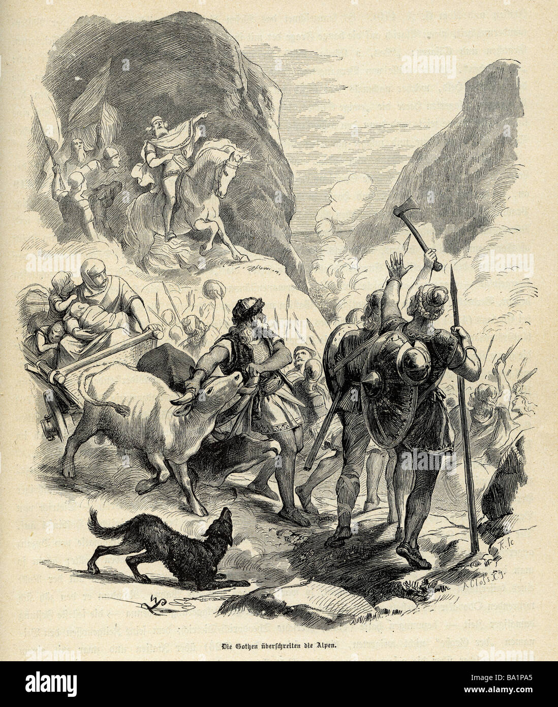 Mondo antico, Periodo migrante, 'i Goti che attraversano le Alpi', circa 400, incisione del legno, Johannes Scherr 'Germania', Stoccarda, 1879, , Foto Stock