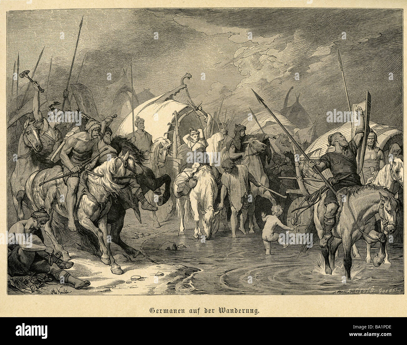 Mondo antico, Periodo migrativo, 'popoli germanici in movimento', incisione del legno, Johannes Scherr 'Germania', Stoccarda, 1879, , Foto Stock