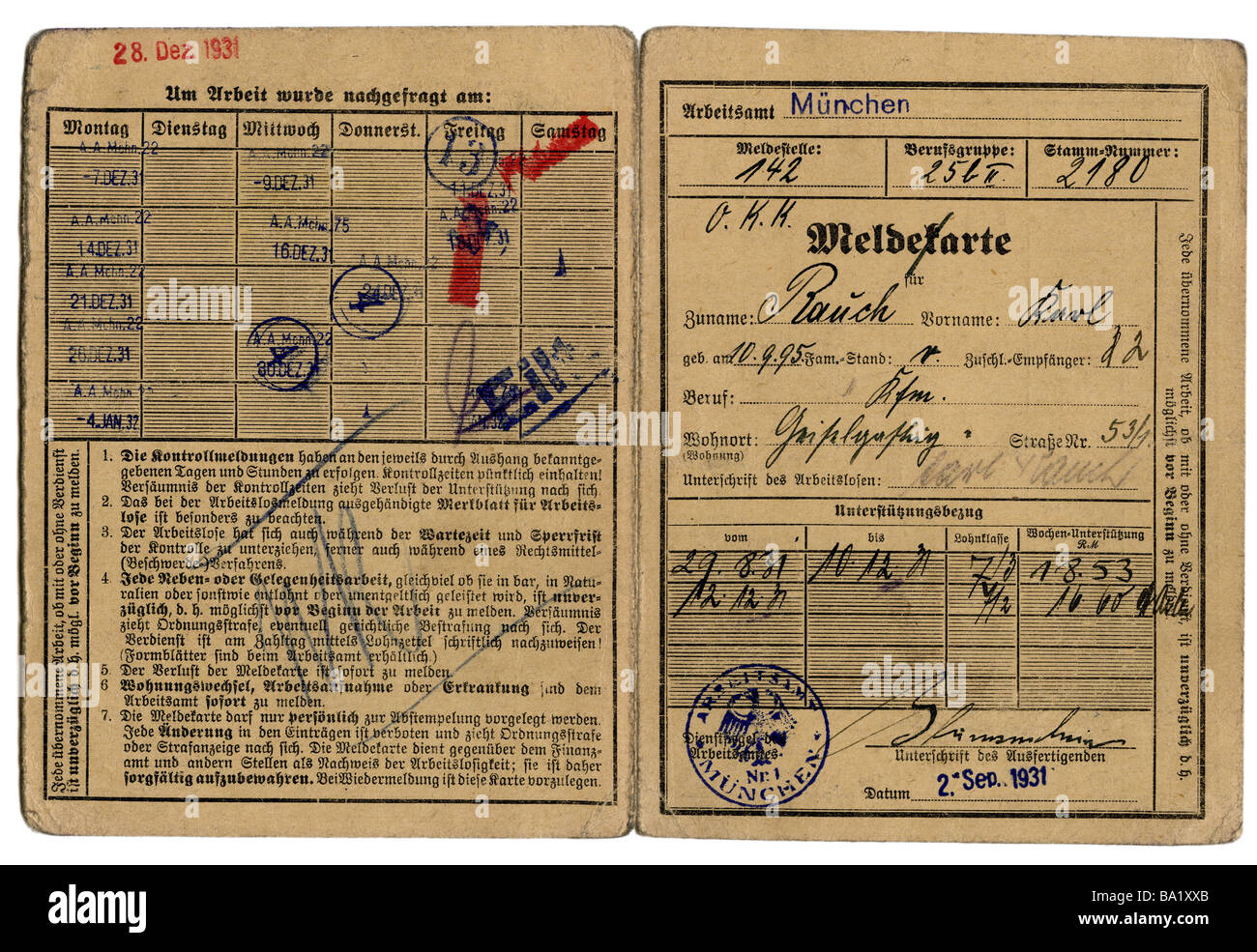 Persone, lavoro/lavoratore, licenziamento/disoccupazione, carta di registrazione di Karl Rauch, ufficio di lavoro di Monaco, pubblicata il 2.9.1931, Foto Stock