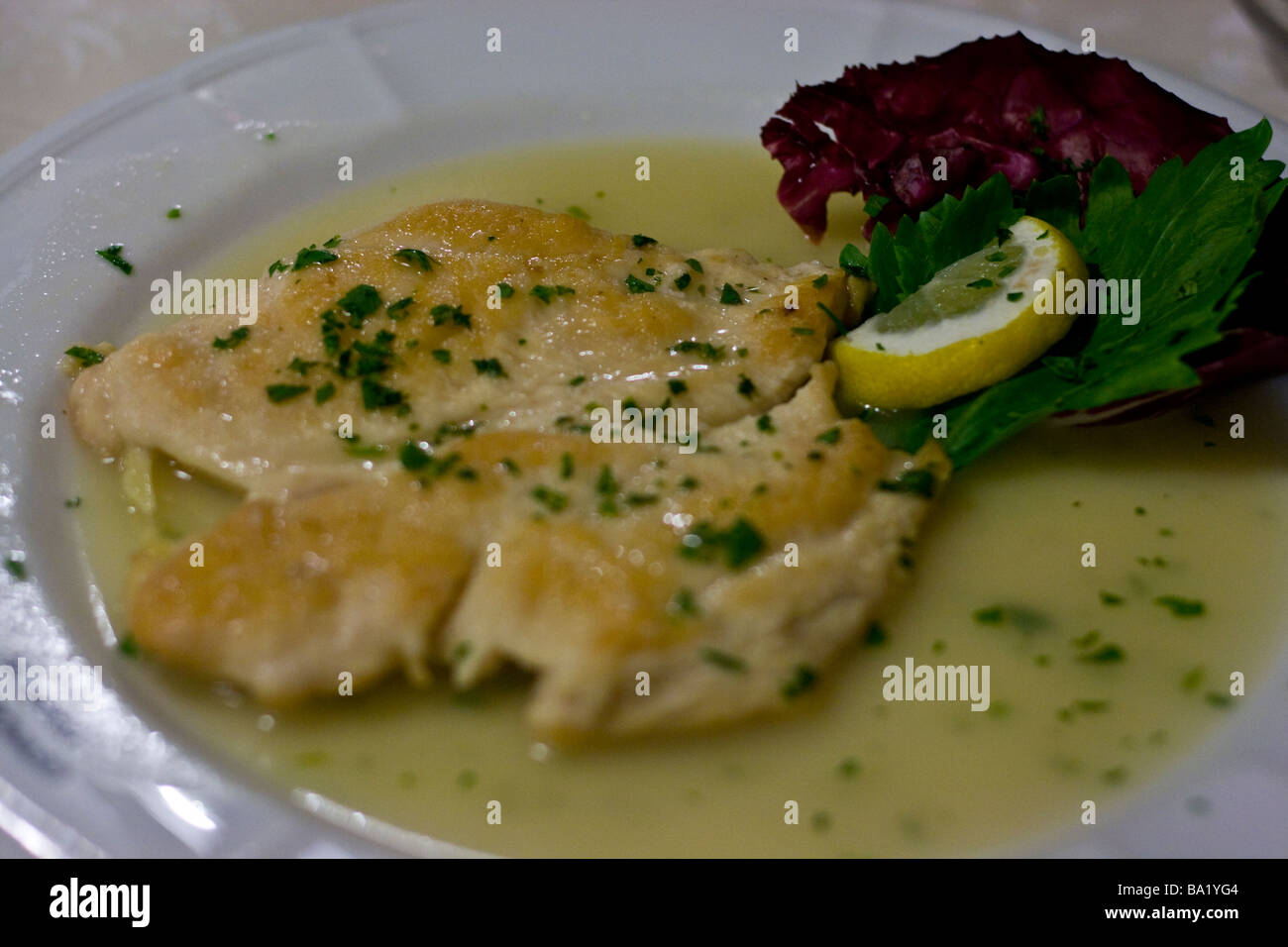 Pollo al limone a presso la Taverna San Trovaso a Venezia Italia Foto Stock