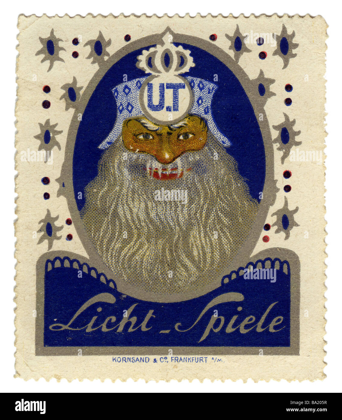 Pubblicità, francobolli, U.T Licht-Spiele, Kornsand & Co, Francoforte sul meno, Germania, circa 1910, Foto Stock