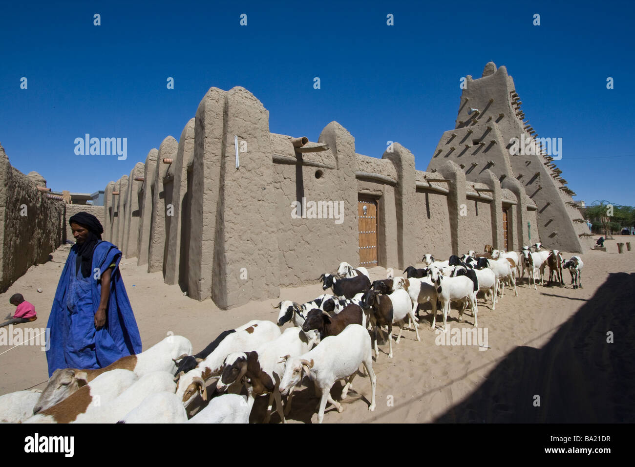 Herder e Moschea di Sankore in Timbuktu Mali Foto Stock