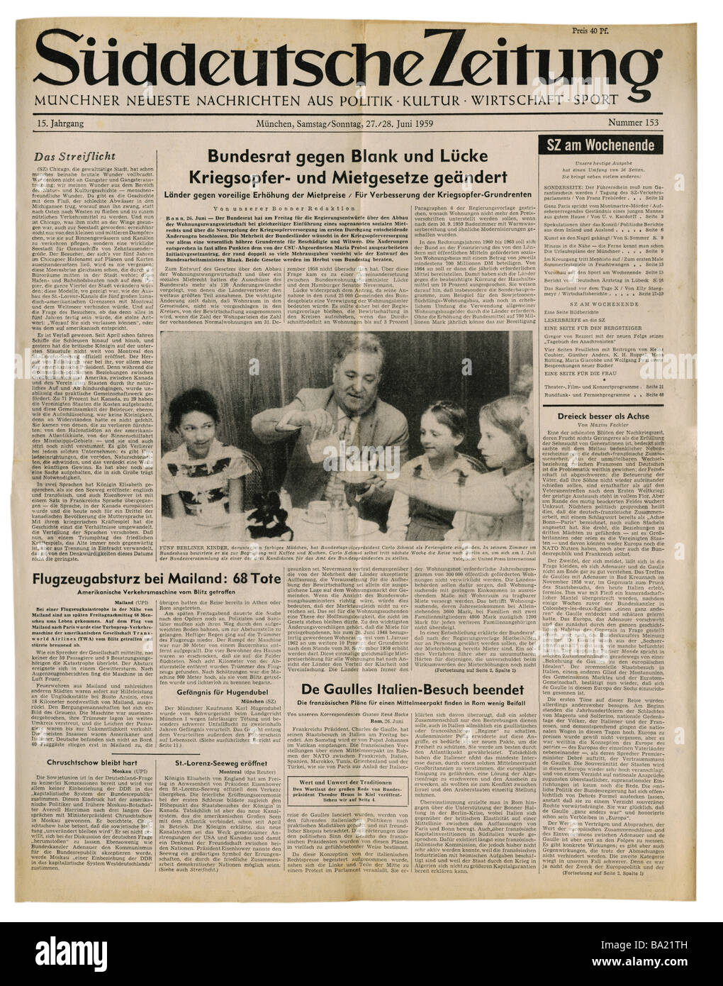 Stampa/media, riviste, 'üddeutsche Zeitung', Monaco di Baviera, 15 volume, numero 153, Sabato / Domenica 27. / 28.6.1959, articolo, Bundesrat che vota contro le leggi per le vittime della guerra e delle tasse di noleggio, Foto Stock