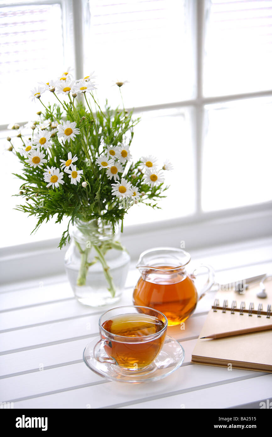 Fiori in vaso di vetro set da tè oltre ad alto angolo di visione Foto Stock