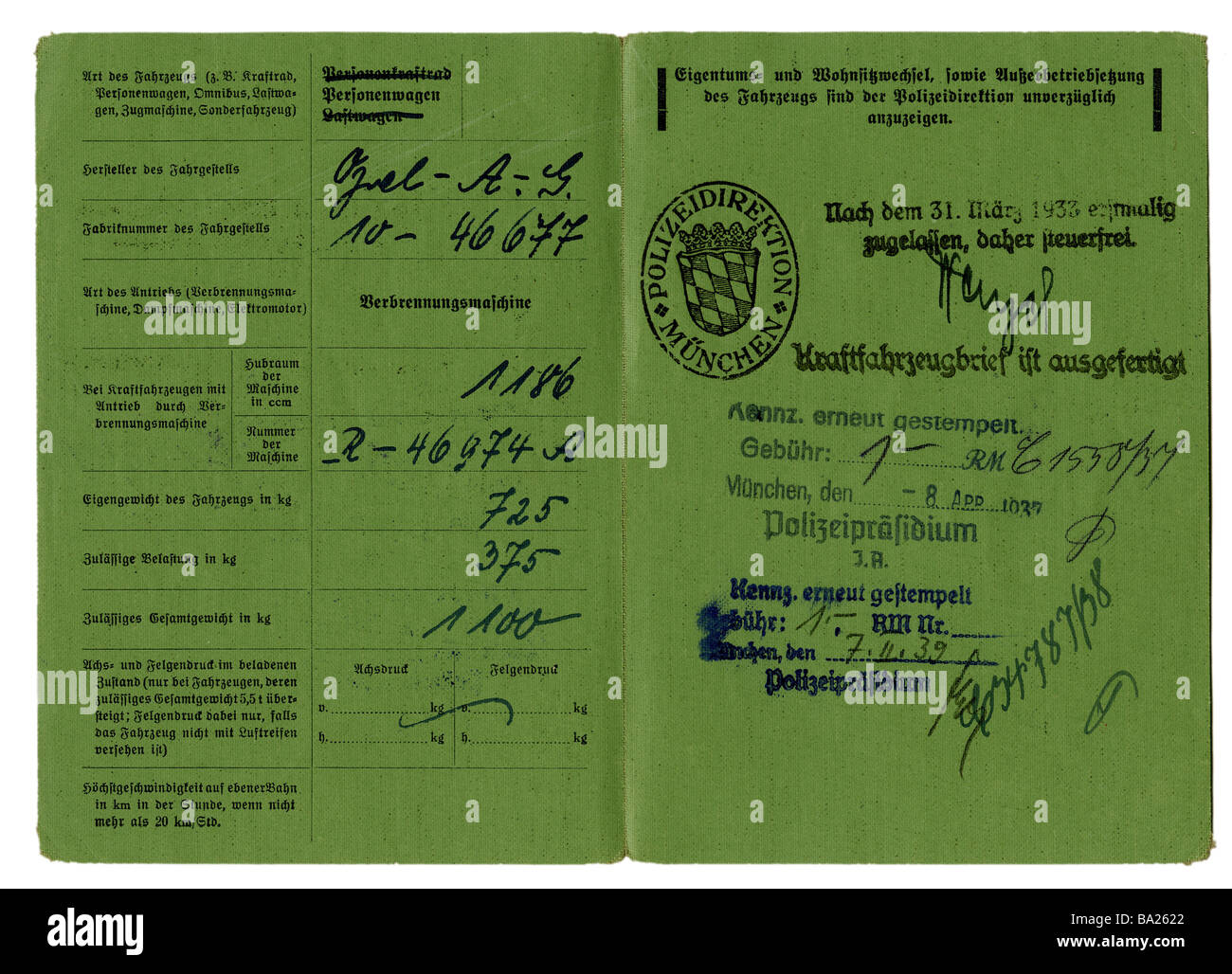 Trasporti / trasporti, automobile, 1930s, certificato di immatricolazione di un autoveicolo per Karl Rauch Monaco, Germania, 10.6.1936, interno, Foto Stock