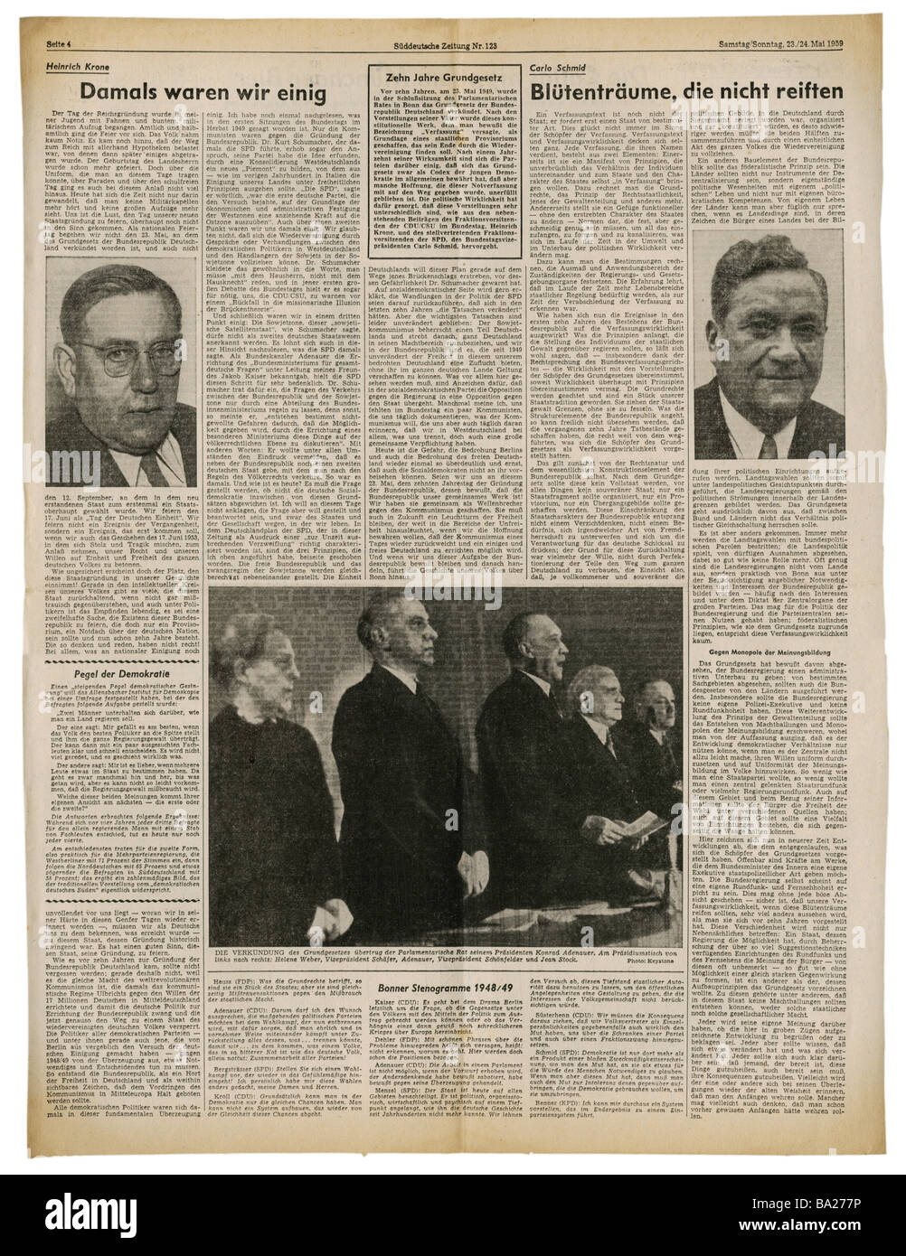 Stampa/media, riviste, 'üddeutsche Zeitung', Monaco di Baviera, 17 volume, numero 123, Sabato / Domenica 23. / 24.5.1959, articolo, articoli di Heinrich Krone e Carlo Schmid circa dieci anni di costituzione tedesca, Foto Stock