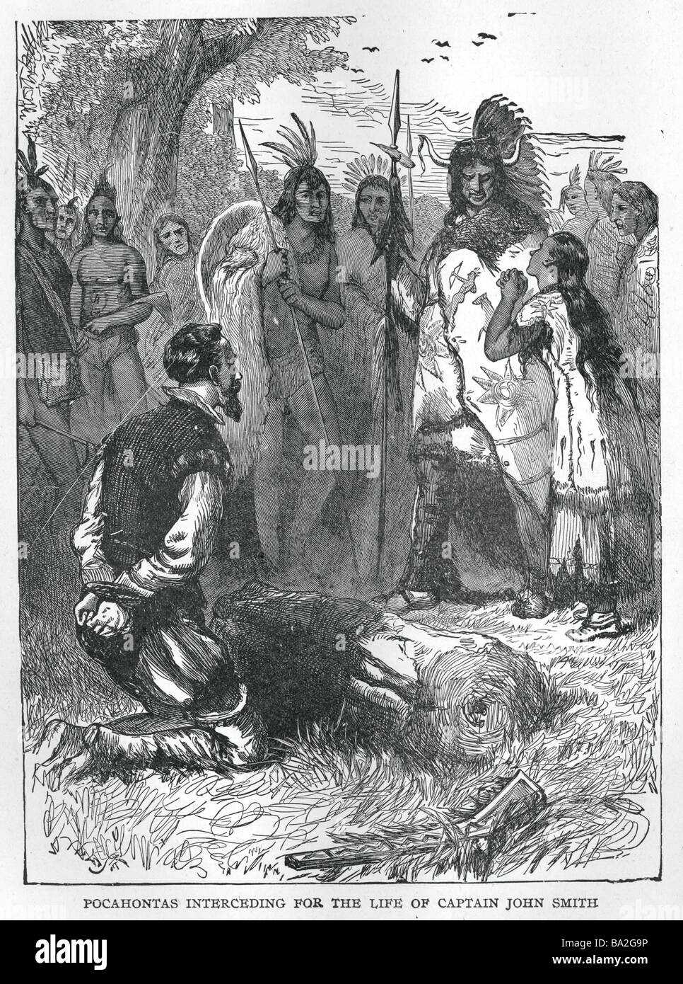 Pocahontas intercedendo per la vita del capitano John Smith Foto Stock
