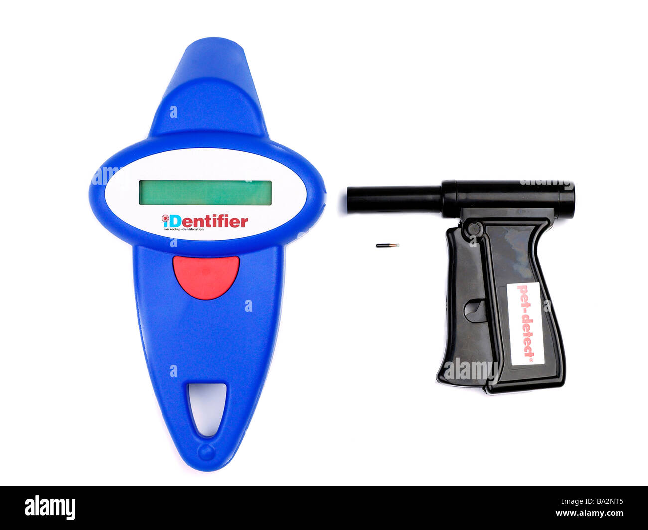 Un pet microchip pistola e scanner di microchip Foto Stock