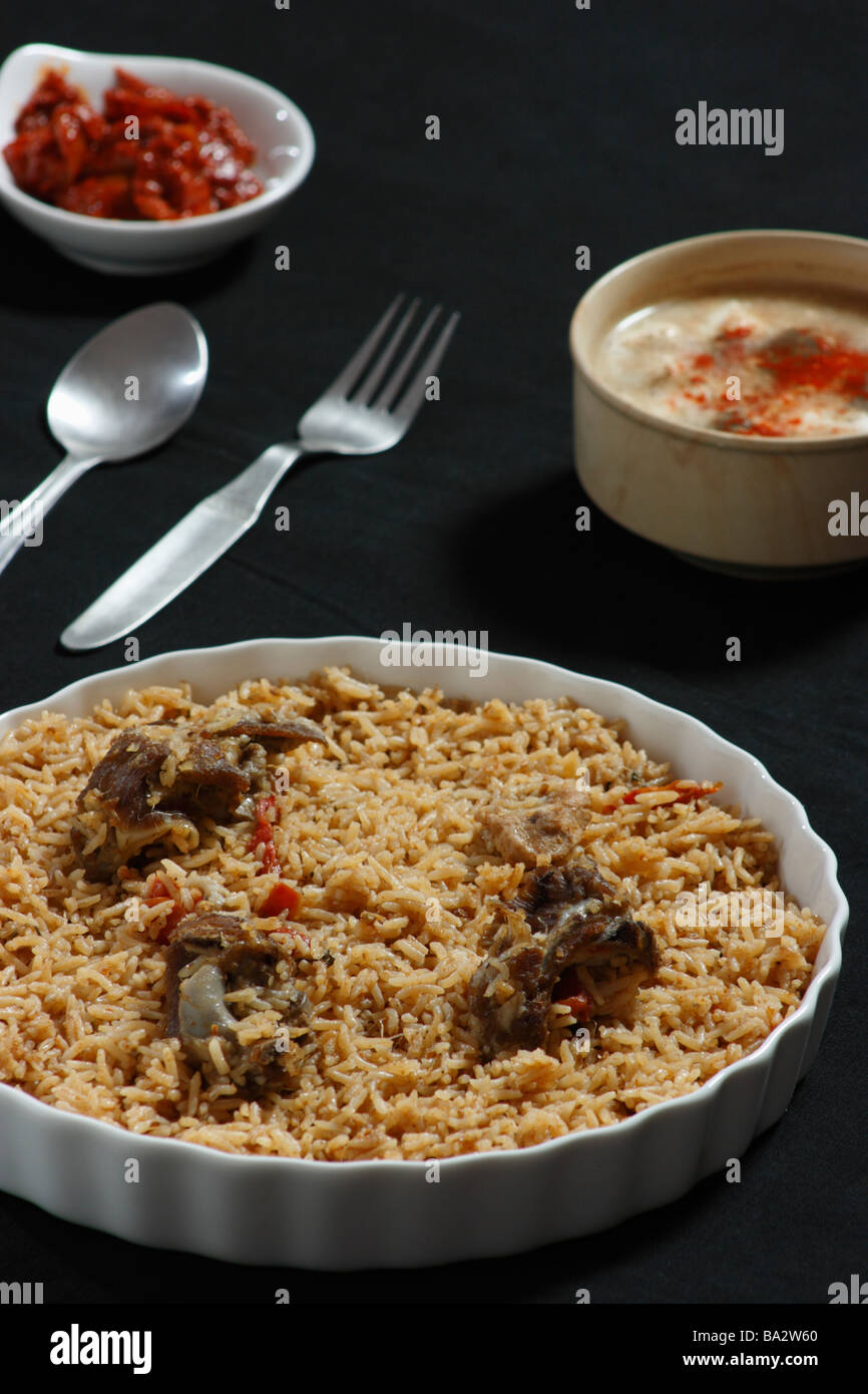 Carni di montone Gosht Biryani è un riso indiano basato piatto fatto con spezie riso e carne Foto Stock