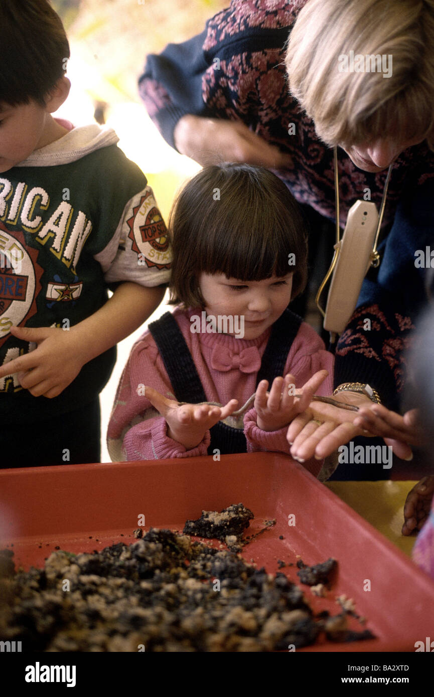 Bambini esaminando worms in una scuola materna classroom Foto Stock