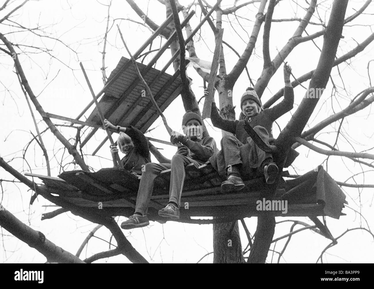 Negli anni settanta, foto in bianco e nero, persone, bambini, tre ragazzi seduti in un albero di casa, un campo giochi per bambini di età compresa tra 10 a 13 anni Foto Stock