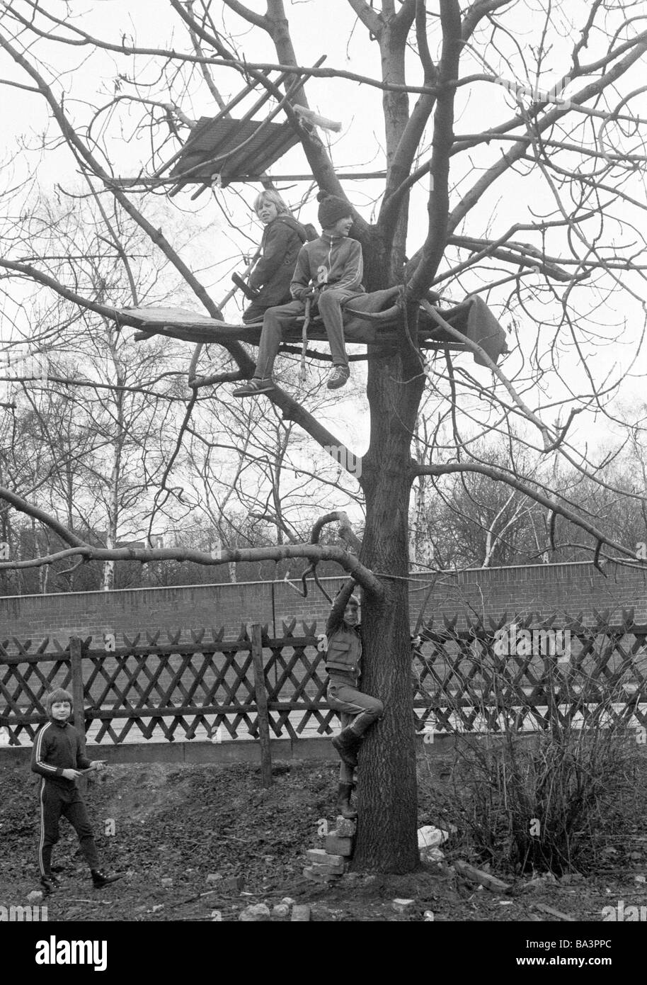 Negli anni settanta, foto in bianco e nero, persone, bambini, quattro ragazzi giocare a un albero di casa, un campo giochi per bambini di età compresa tra 10 a 13 anni Foto Stock