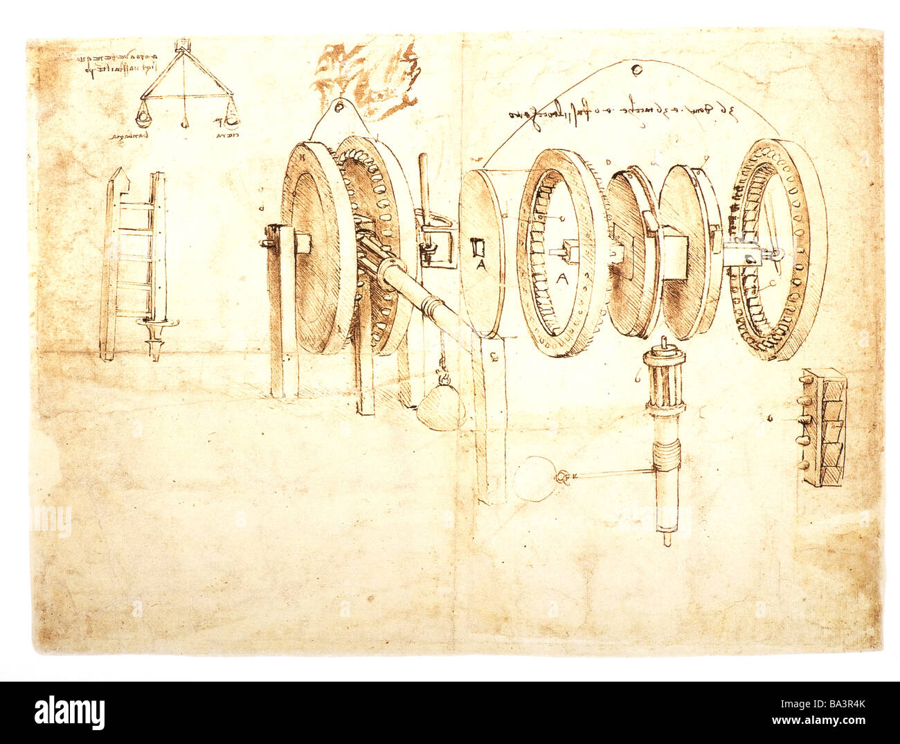 Studi di ingranaggi dentati e per un igrometro da Leonardo da Vinci 1485 penna e inchiostro Foto Stock