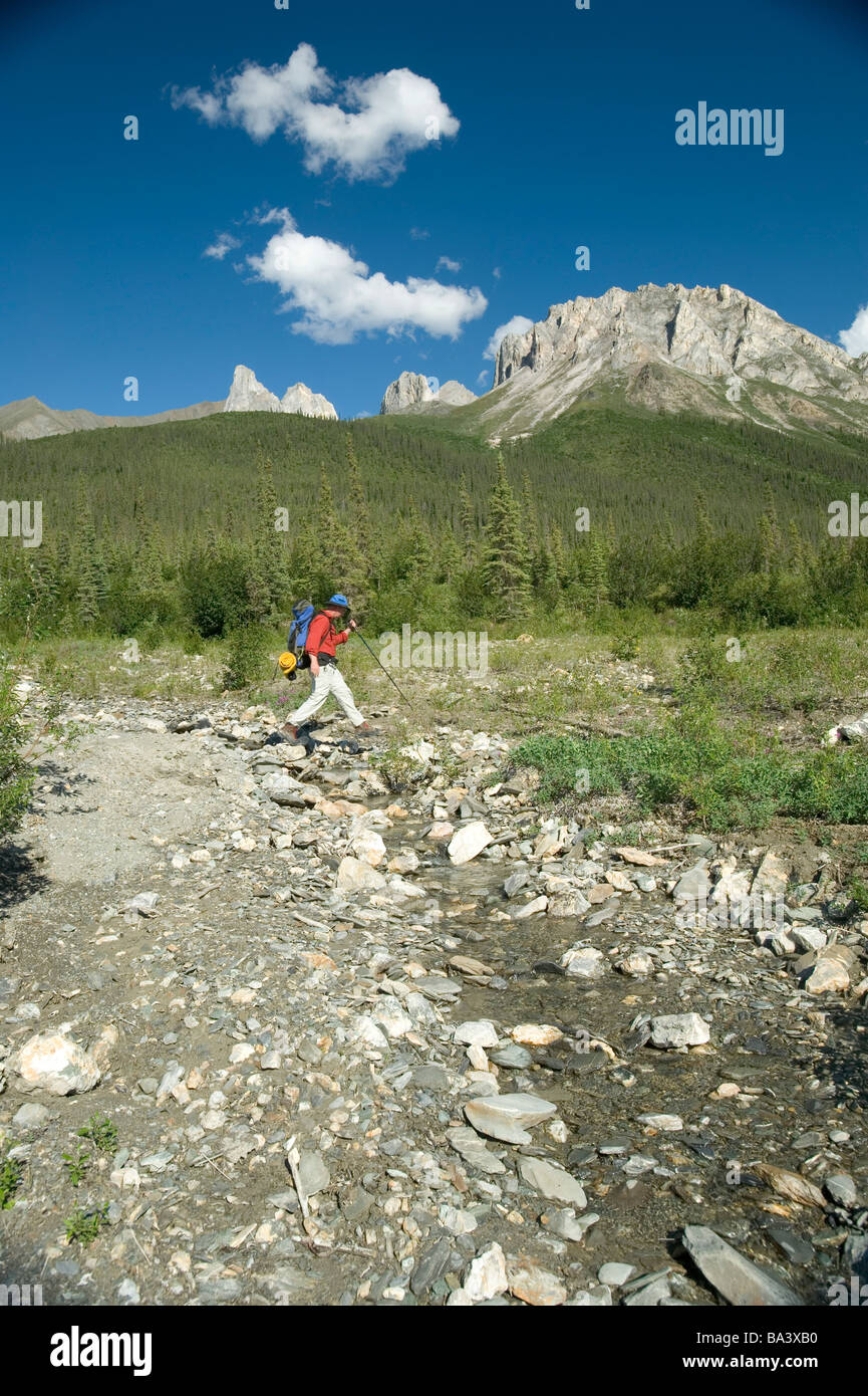 Escursionista attraversa un piccolo ruscello in Brooks Range durante l estate in Alaska artico Foto Stock