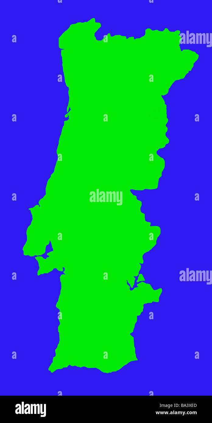 Mappa di contorno di paese di Portogallo in verde isolato su sfondo blu Foto Stock