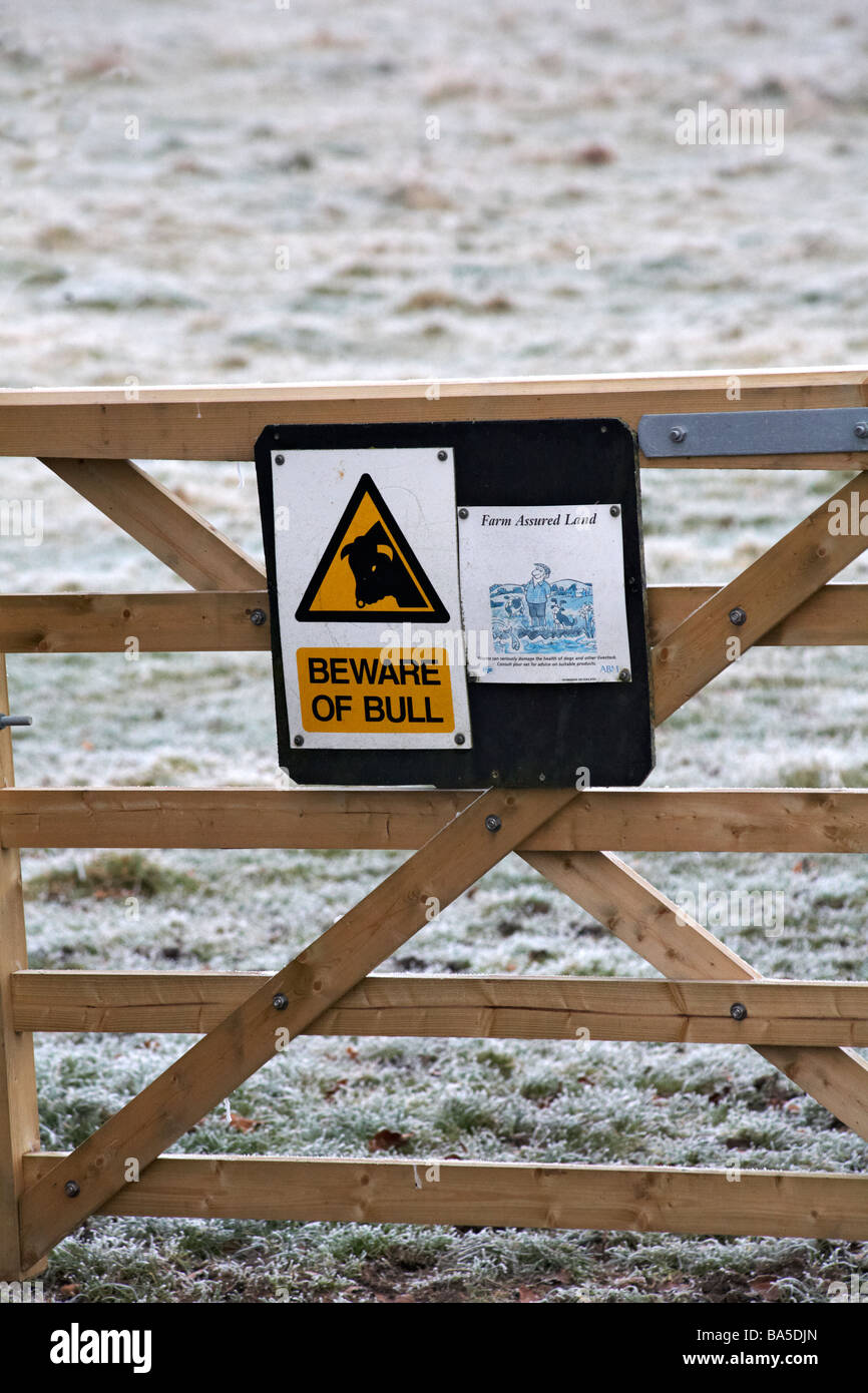 Fate attenzione al cartello di toro sul cancello con campo coperto da brina di brina di brina a Wiltshire, Regno Unito nel mese di gennaio Foto Stock