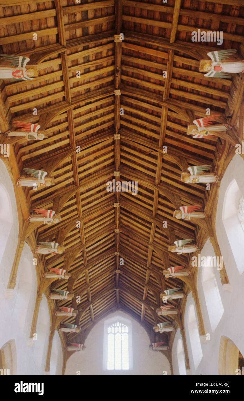 Angelo hammerbeam navata il soffitto del padiglione sud Creake St. Mary Mary's Church interior Norfolk East Anglia Anglian chiese England Regno Unito Foto Stock