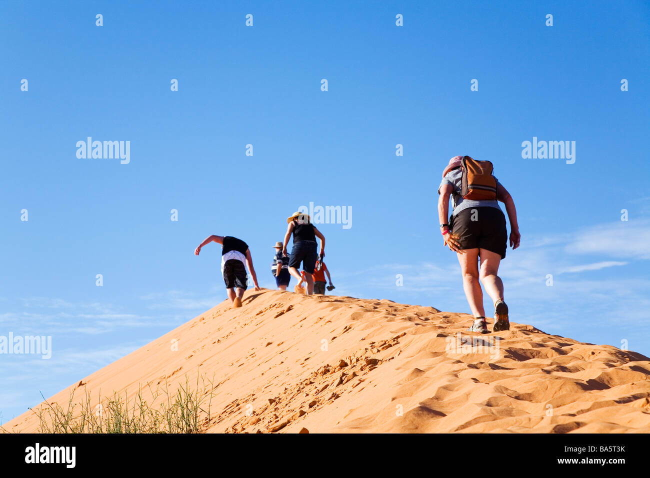 Climbing Big Red - una duna di sabbia in Simpson Desert National Park, vicino a Birdsville, Queensland, Australia Foto Stock