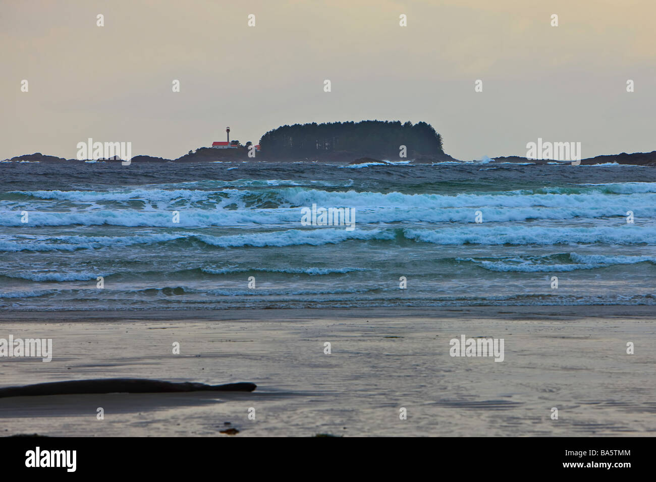 Stormy waves of the Pacific Ocean at the beach in Cox Bay near Tofino with the Lennard Island Lighthouse in the background, a tr Foto Stock
