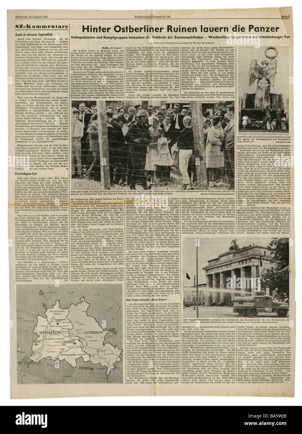 Stampa/media, riviste, 'üddeutsche Zeitung', Monaco di Baviera, 17 volume, numero 195, Martedì 16.8.1961, articolo, costruzione di muro di Berlino, Foto Stock