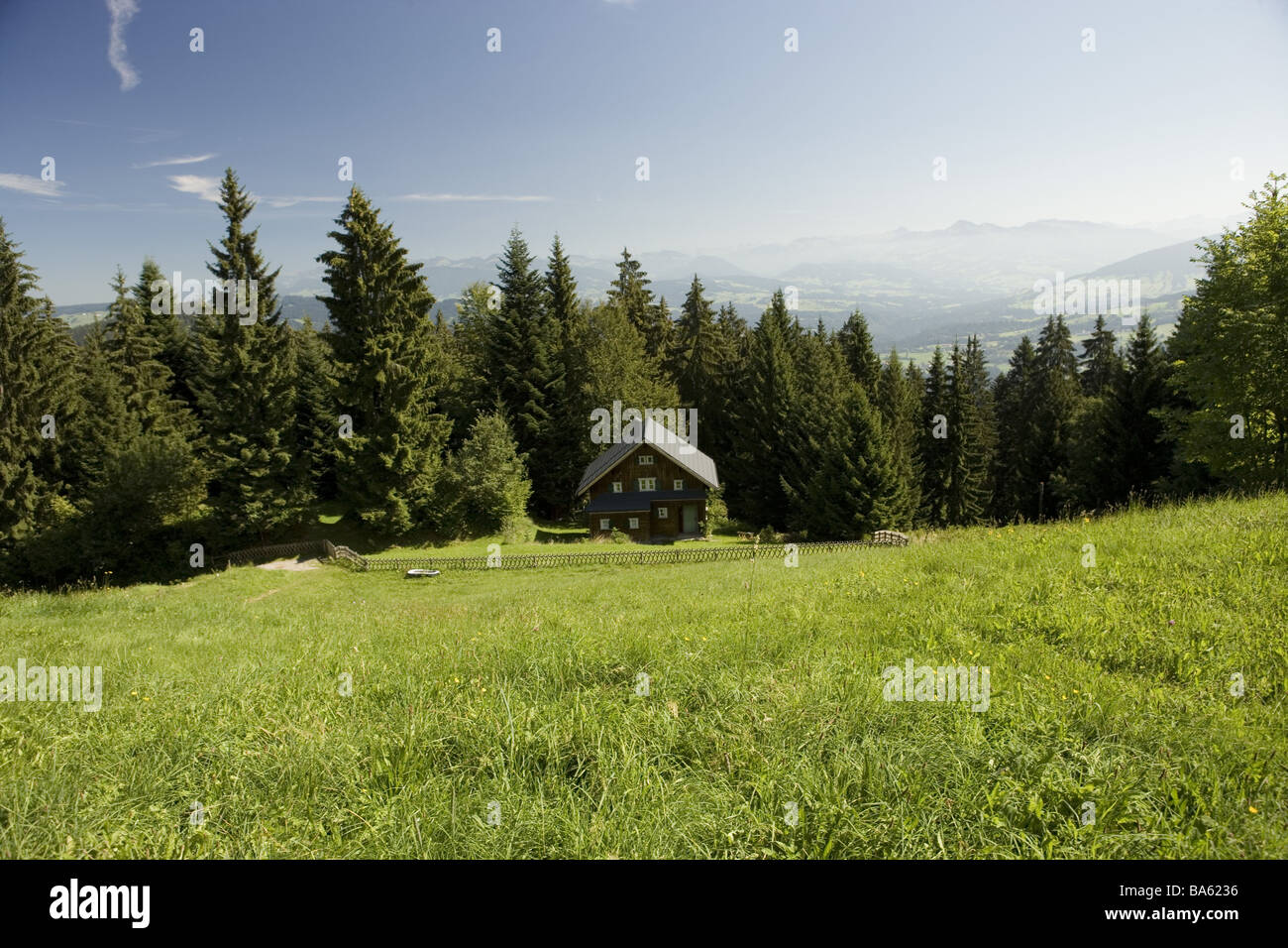 Austria Vorarlberg foresta di Bregenz-edge house vista residence legno-house Bregenzerwald panorama del paesaggio idilli natura prato Foto Stock