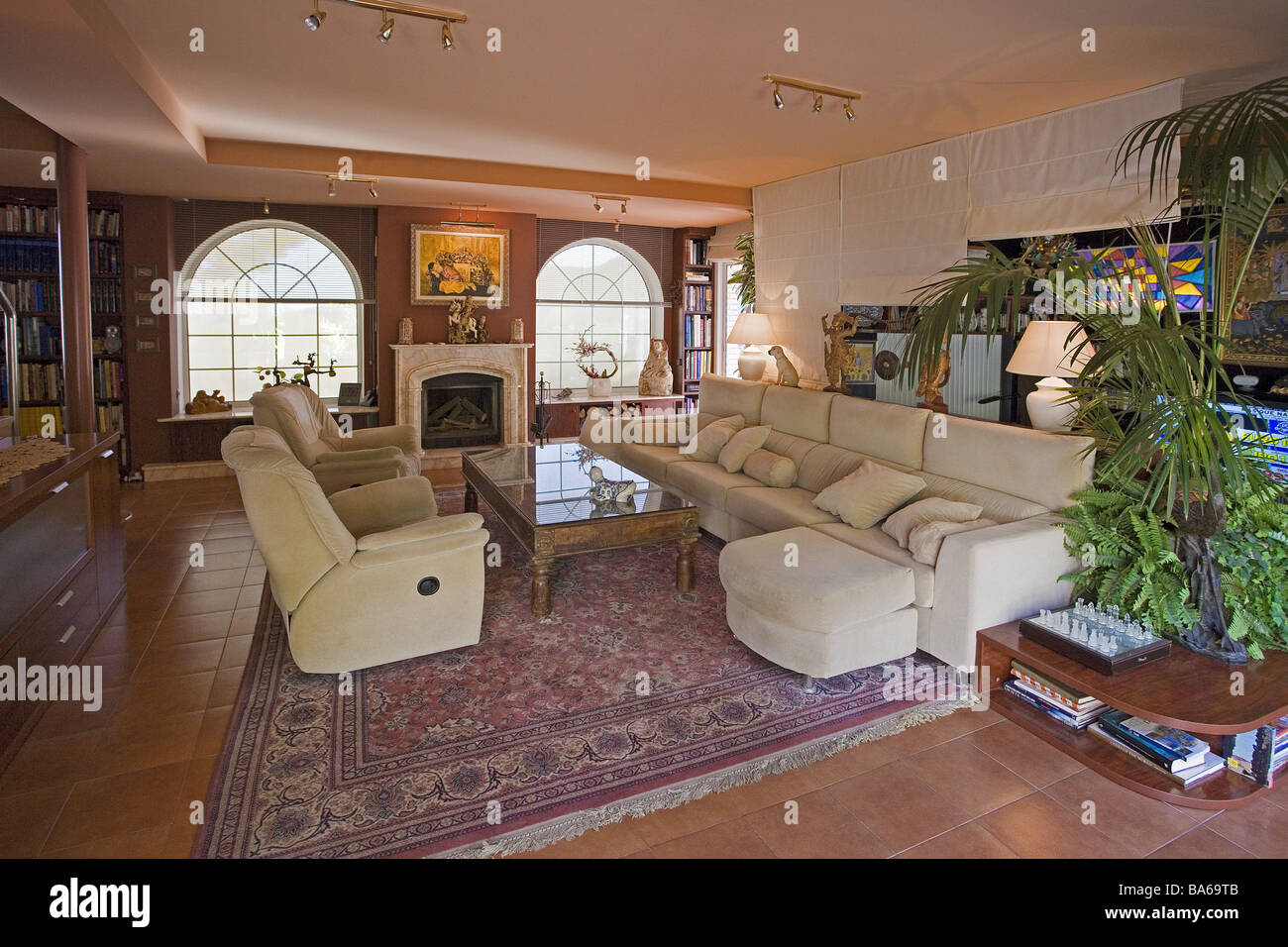 Sale di soggiorno cuscino-set chimney room-piante serie spazio vivente con piastrelle di massa posti tappeto lettino sedie verde-simbolo di piante Foto Stock