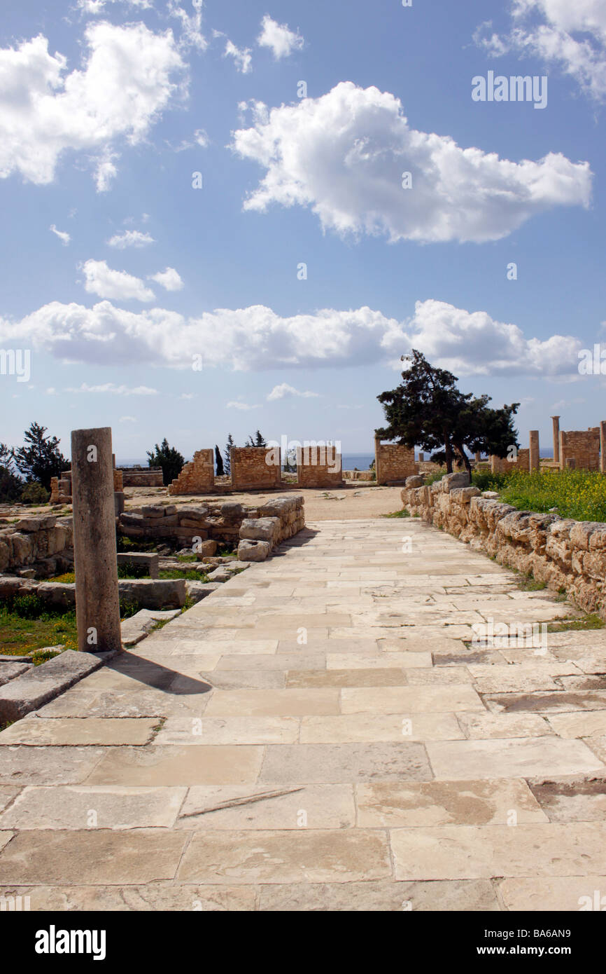 La centrale strada asfaltata che conduce al tempio di Apollo entro il santuario di Apollo. KOURION. Cipro. Foto Stock