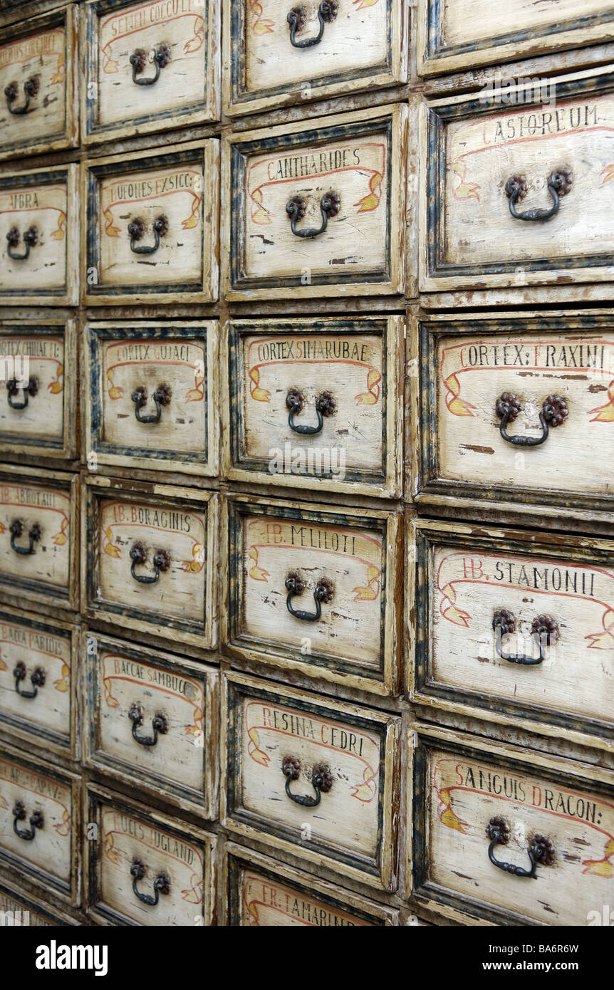 Il farmacista-armadio nostalgicamente dettaglio armadio cassetti per nostalgia del sistema di antiquariato salute museo burocrazia ordina di storage Foto Stock