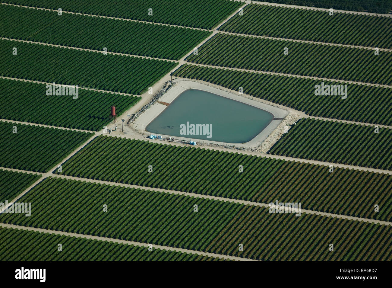 Vista aerea al di sopra dello stagno di irrigazione California valle centrale Foto Stock